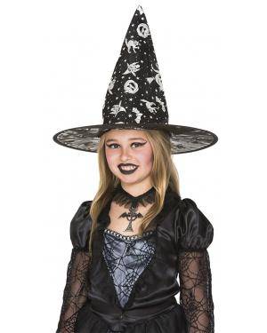 Chapéu bruxa impressão prata 42øx33cm. Acessórios para disfarces de Carnaval ou Halloween
