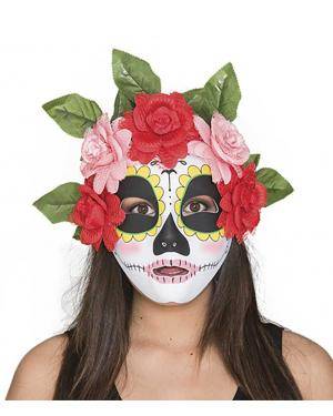 Máscara Catrina com flores rosas-vermelhas Acessórios para disfarces de Carnaval ou Halloween