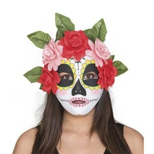 Máscara Catrina com flores rosas-vermelhas